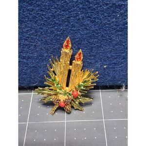 BSK Christmas Brooch Gold Tone Candle Holly Pine Cone Vintage Holiday Pin